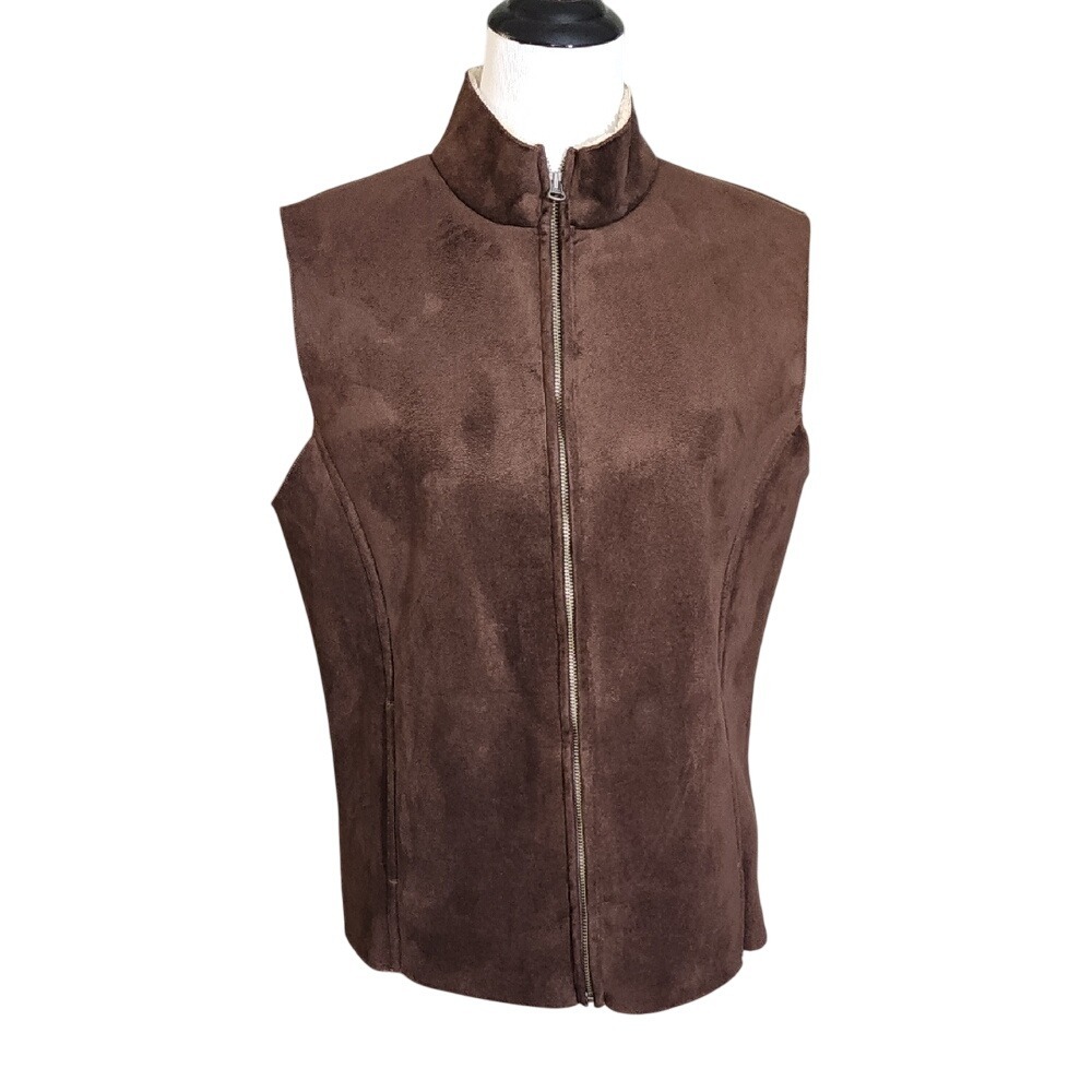 Lands End Faux Suede Vest Size L 14-16 Sherpa Lining‎